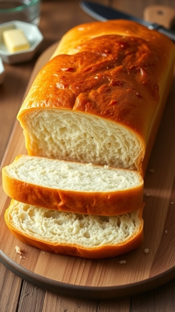 A golden brown loaf of homemade sandwich bread, sliced to show its fluffy texture, on a wooden board with butter.